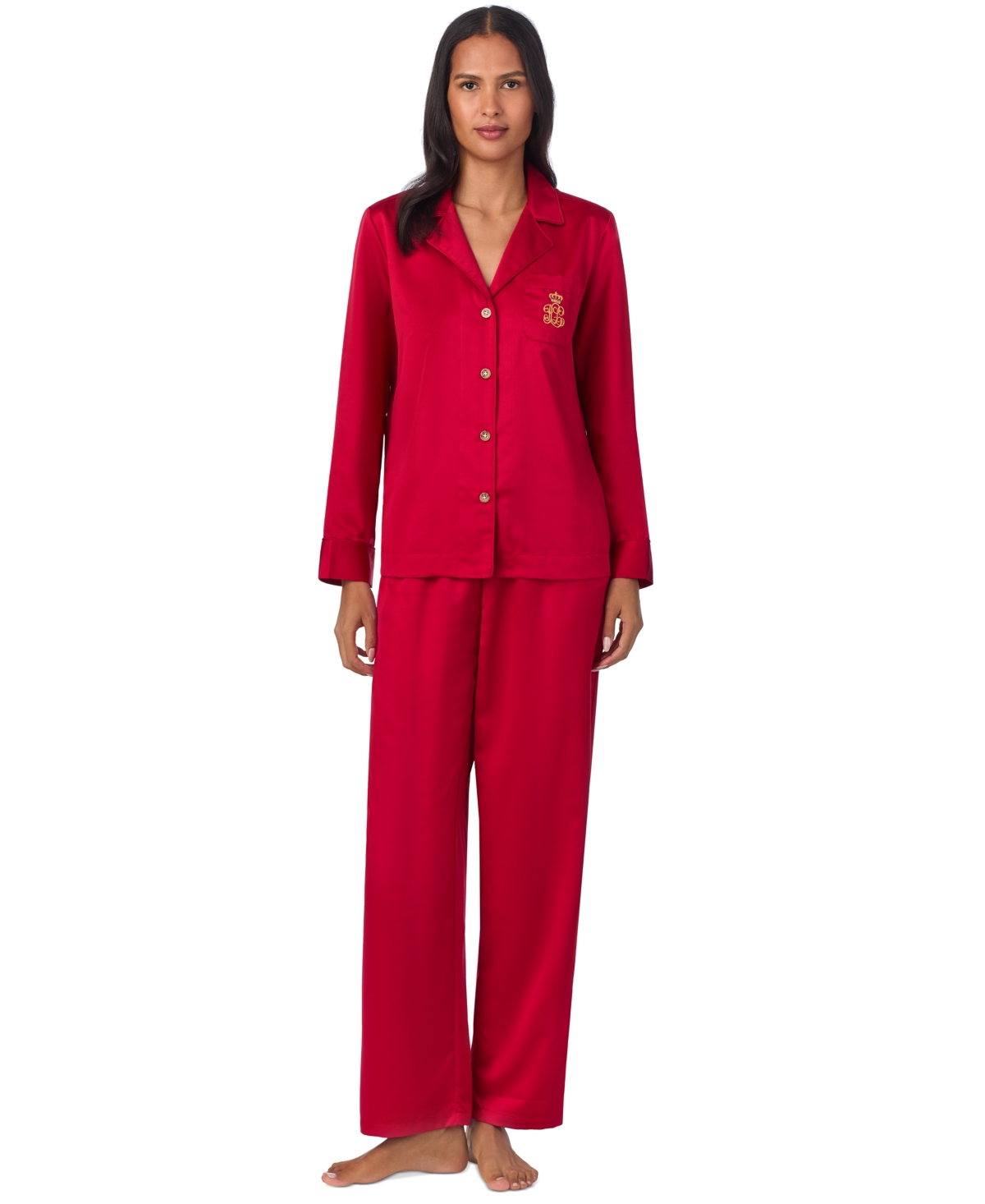 Shop Ralph Lauren Petite Satin Notched-collar Pajama Set In Red