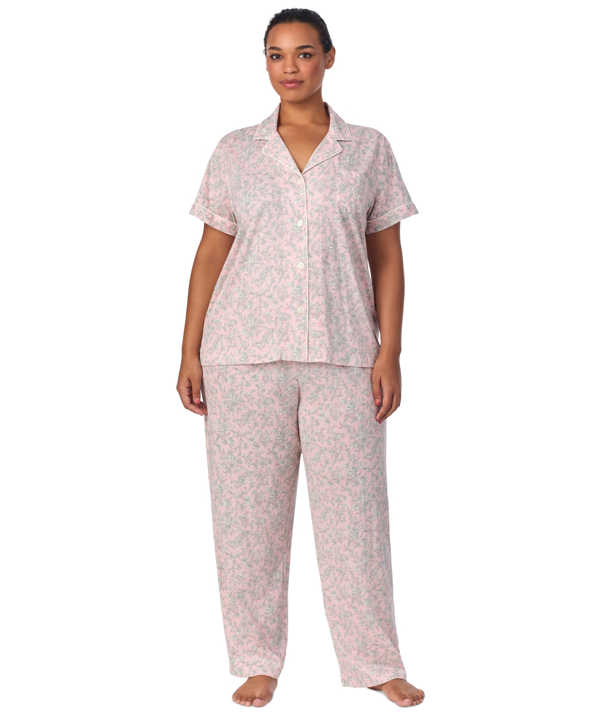 Ralph Lauren Plus Size Floral Notched-collar Pajama Set In Blush Floral