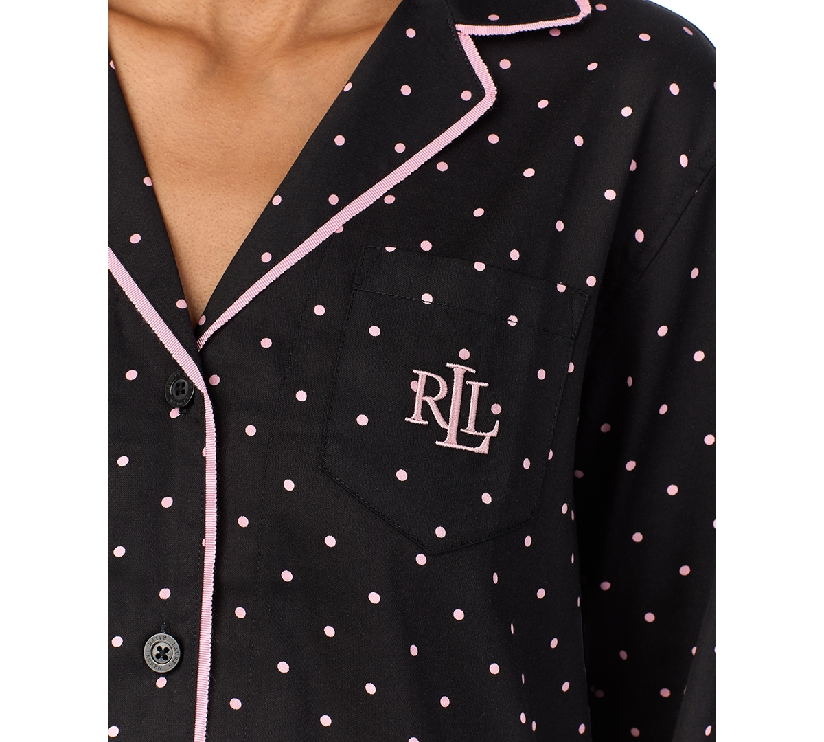 Ralph Lauren Women's Notched-collar Sateen Sleepshirt In Black Dot
