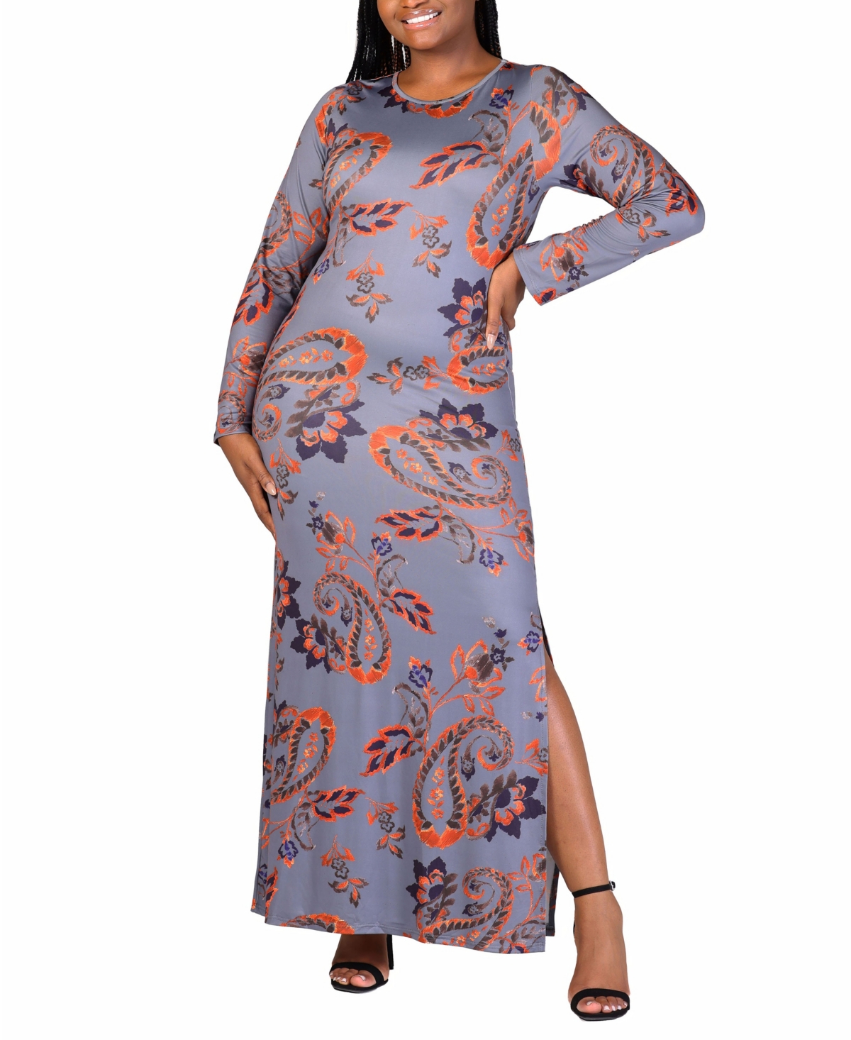 24seven Comfort Apparel Plus Size Long Sleeve Maxi Dress In Purple Multi
