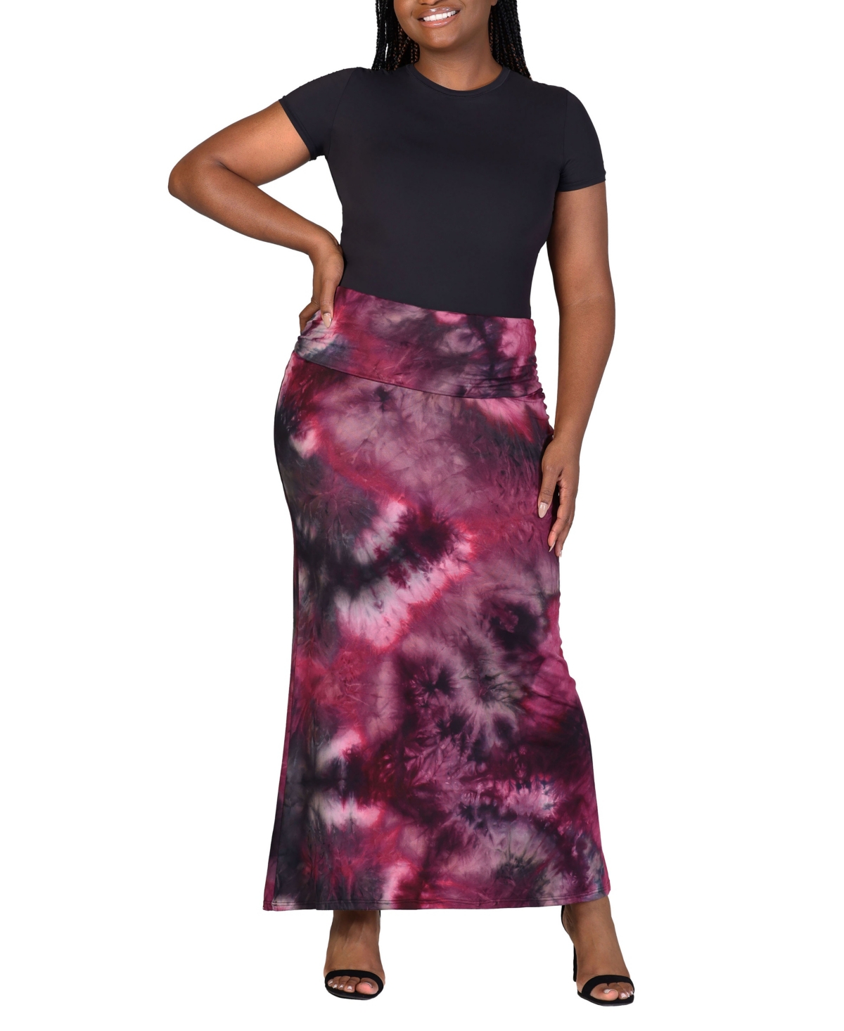 24SEVEN COMFORT APPAREL PLUS SIZE FOLD OVER WAIST PRINTED MAXI SKIRT 