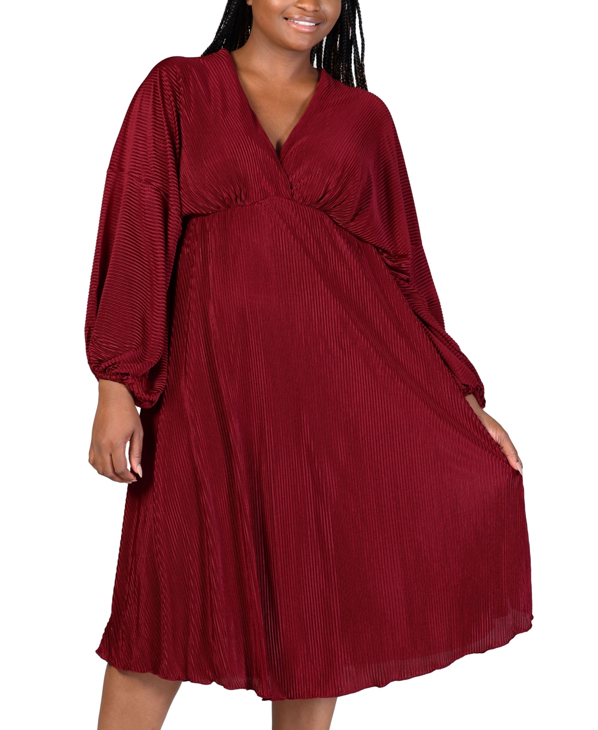 24seven Comfort Apparel Plus Size Shimmer V-neck Midi Dress In Wine