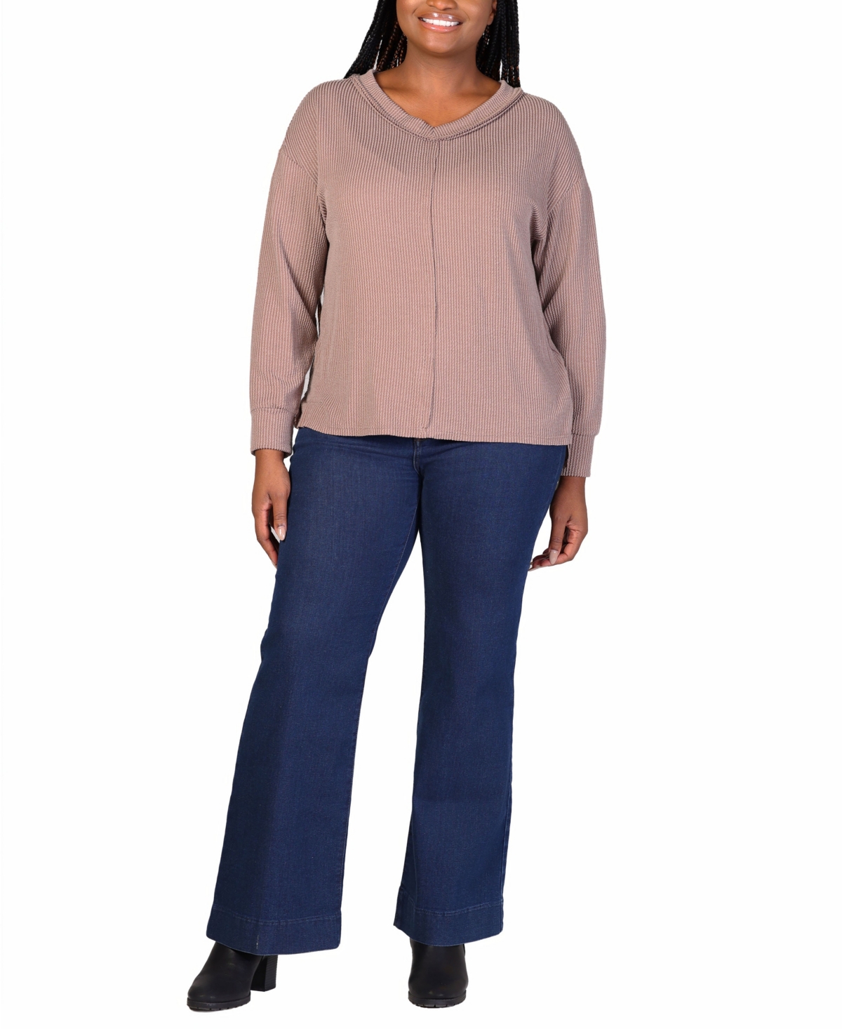 24seven Comfort Apparel Textured Stripe Knit Top In Taupe