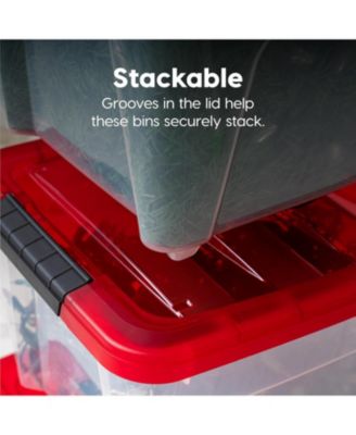 USA 4Pack 19qt Christmas Plastic Storage Bin with Lid and Secure Latching Buckles, Clear/Red