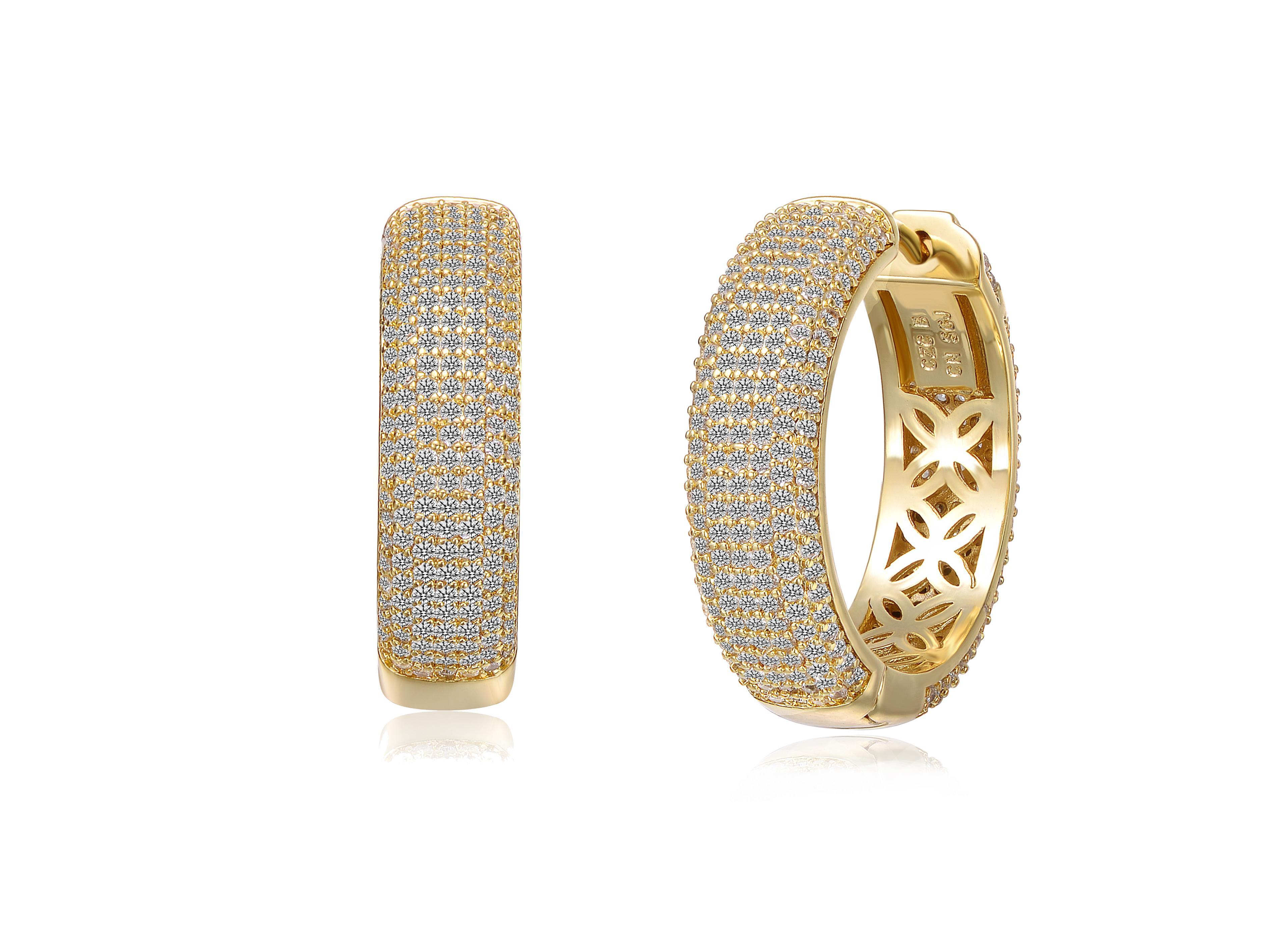 Sterling Silver 14k Gold Plated Cubic Zirconia Pave Hoop Earrings