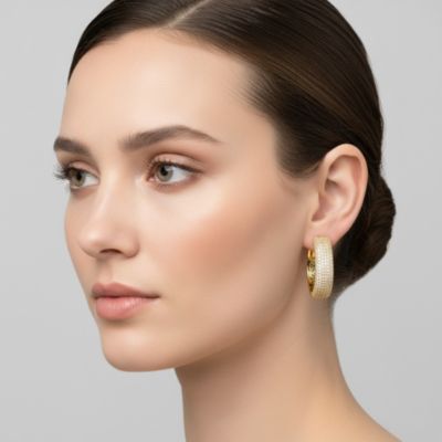 Sterling Silver 14k Gold Plated Cubic Zirconia Pave Hoop Earrings