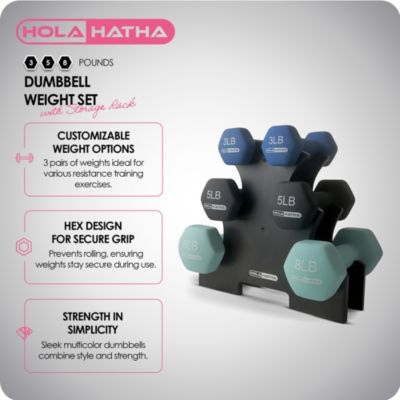 3, 5, and 8 Pound Dumbbell Hand Weight Set with Storage Rack, Multi