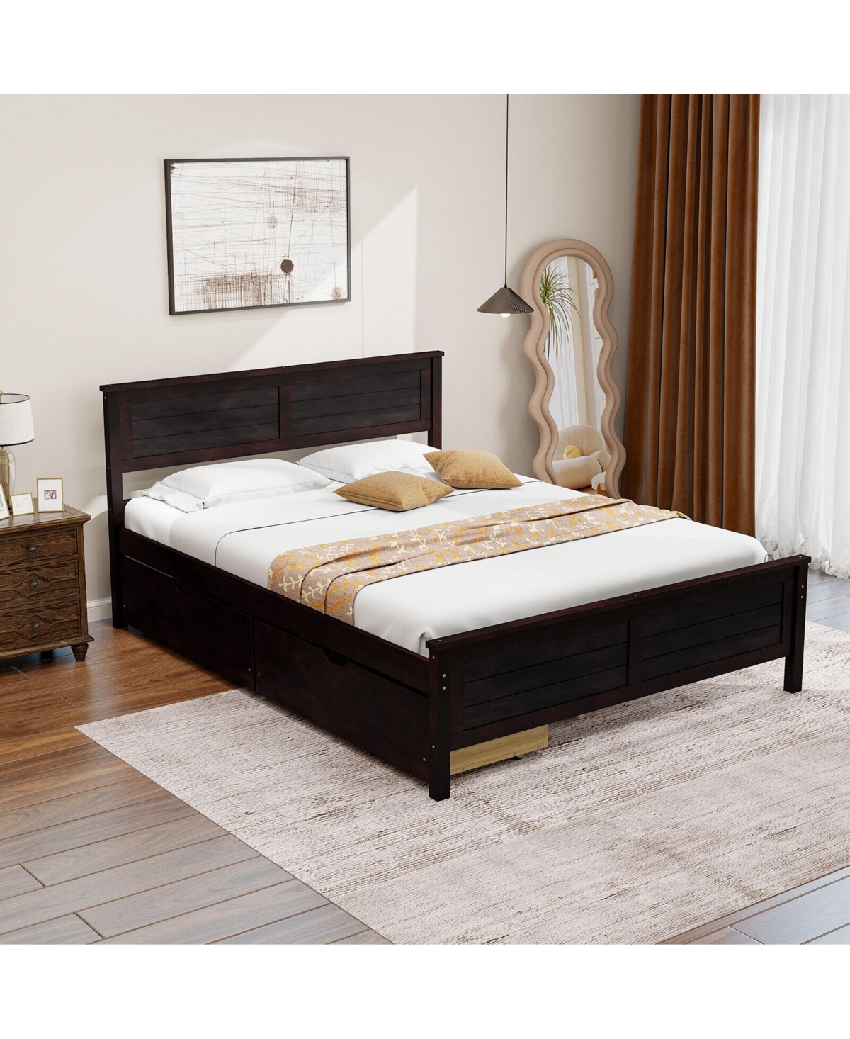 Gymax Full Bed Frame with 2 Storage Drawers & Under-bed Storage Espresso - Dark brown+natural