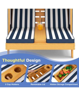 Kids Double Chaise Lounge Patio Lounge Chair with Cup Holders & Awning