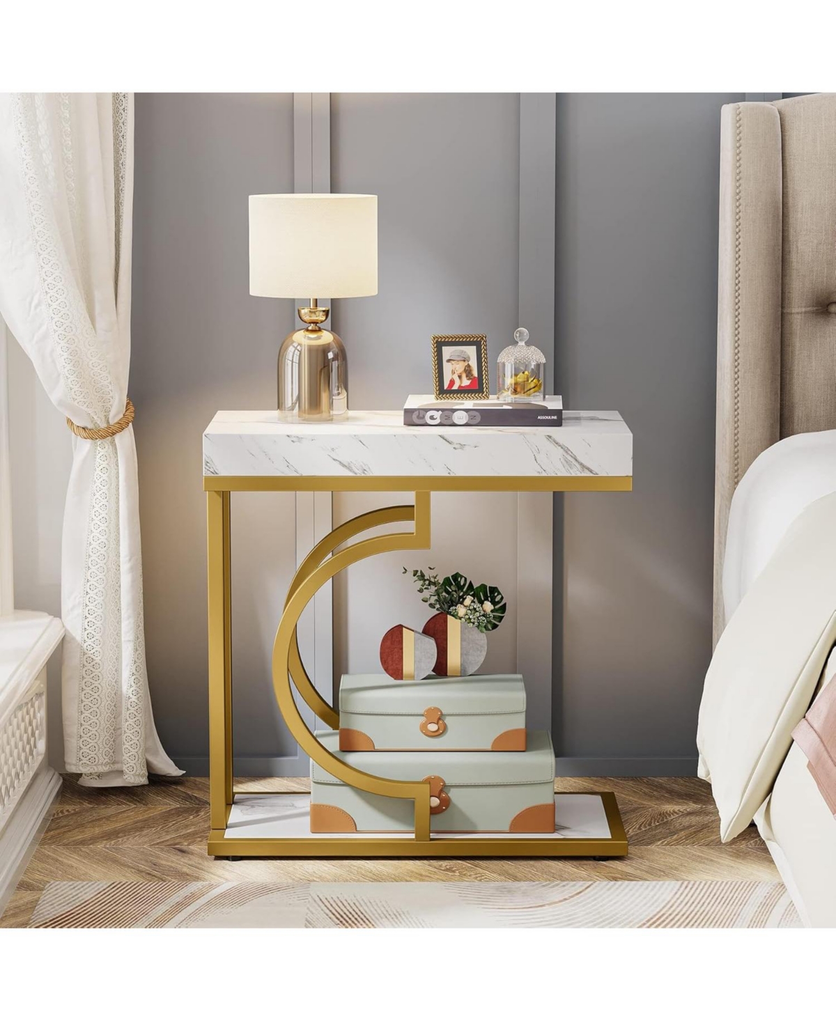 Tribesigns Narrow Side Table White Gold Side Table C Shaped End Table Modern Bedside Table Side Table for Couch, Sofa Table with Metal Frame for