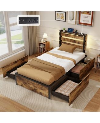 Twin Size Bed Frame w/ Drawers LED Lights Outlets & USB Ports Smart APP Control