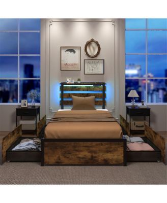 Twin Size Bed Frame w/ Drawers LED Lights Outlets & USB Ports Smart APP Control