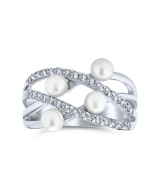 Crossover Criss Cross Stacking Style Fashion Statement White Pearl Band Ring For Women .925 Sterling Silver