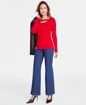 I.N.C. International Concepts Women's Asymmetric Cut-Out Long-Sleeve Top, Created for Macy's