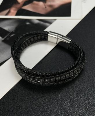 Black Multi Leather Beaded Stainless Steel Bracelet