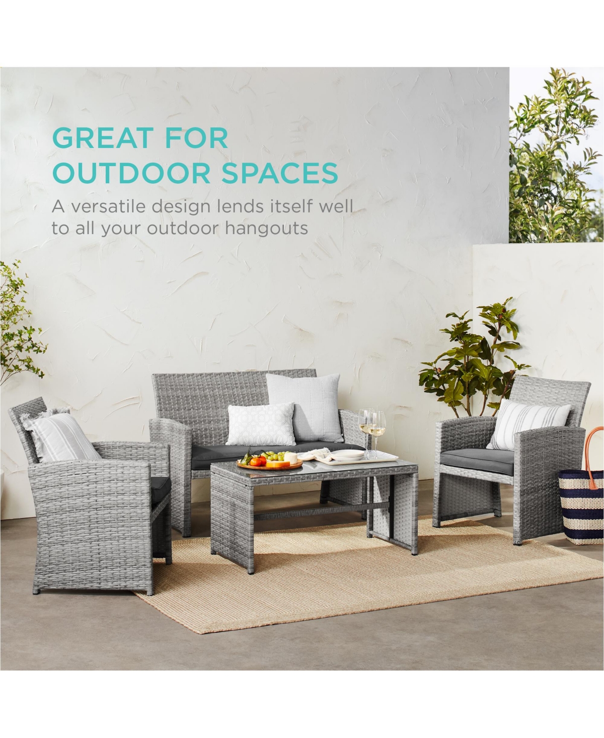 Best Choice Products 4-Piece Outdoor Wicker Patio Conversation Furniture Set w/ Table, Cushions -gray