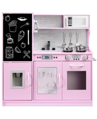 Pretend Play Kitchen Wooden Toy Set for Kids w/ Telephone, Utensils, Oven, Microwave