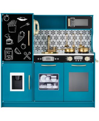 Pretend Play Kitchen Wooden Toy Set for Kids w/ Telephone, Utensils, Oven, Microwave