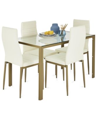 5-Piece Kitchen Dining Table Set w/ Glass Tabletop, 4 Faux Leather Chairs
