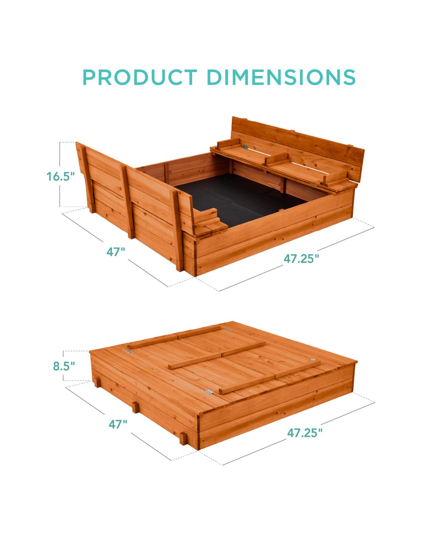 Детская игрушка Best Choice Products 47" x 47" Cedar Sandbox with 2 Foldable Bench Seats, Seats Up to 4, Ages 3-10, цвет: Коричневый — фото 7