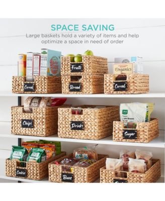 Set of 4 12in Woven Water Hyacinth Pantry Baskets w/ Chalkboard Label, Chalk Marker