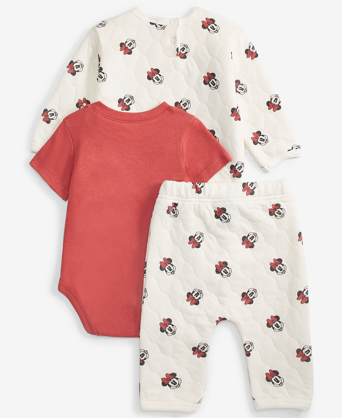 Disney Baby Girls Minnie Mouse Quilted Shirt, Bodysuit & Pants Set -Red