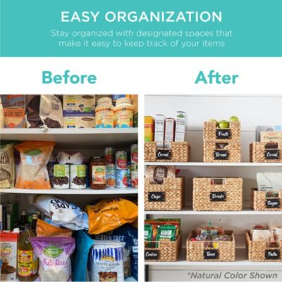 Set of 4 12in Woven Water Hyacinth Pantry Baskets w/ Chalkboard Label, Chalk Marker