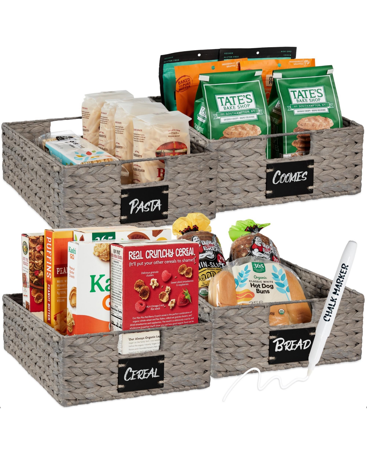 Set of 4 16x12in Woven Water Hyacinth Pantry Baskets w/ Chalkboard Label, Chalk Marker - Black