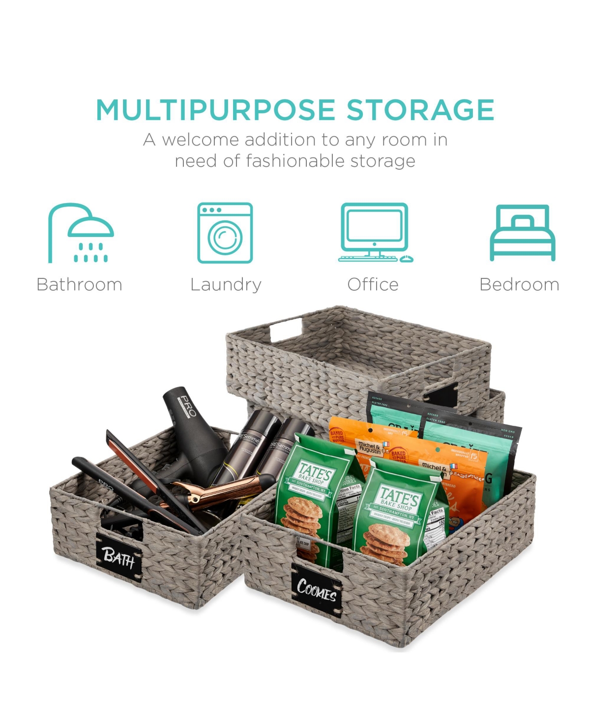 Best Choice Products Set of 4 16x12in Woven Water Hyacinth Pantry Baskets w/ Chalkboard Label, Chalk Marker