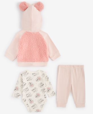 Baby Girls Minnie Mouse Hooded Jacket, Bodysuit & Pants Set