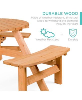 6-Person Circular Outdoor Wooden Picnic Table w/ 3 Built-In Benches, Umbrella Hole