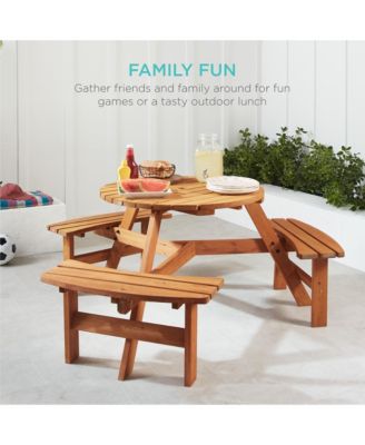 6-Person Circular Outdoor Wooden Picnic Table w/ 3 Built-In Benches, Umbrella Hole