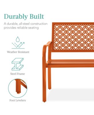 Indoor Outdoor Steel Garden Bench w/ Geometric Backrest, Foot Levelers