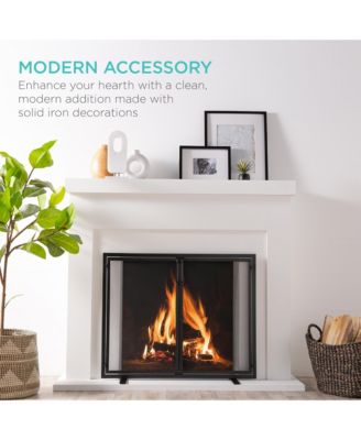 38.5x31in 2-Door Fireplace Screen, Handcrafted Wrought Iron Spark Guard w/ Magnetic Doors