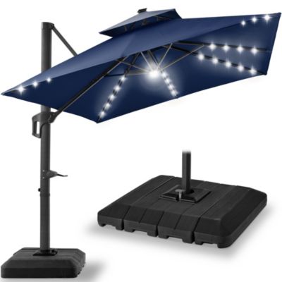 10x10ft 2-Tier Square Outdoor Solar LED Cantilever Patio Umbrella w/ Base Included