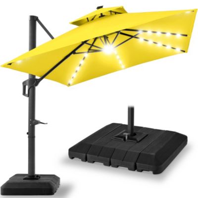 10x10ft 2-Tier Square Outdoor Solar LED Cantilever Patio Umbrella w/ Base Included