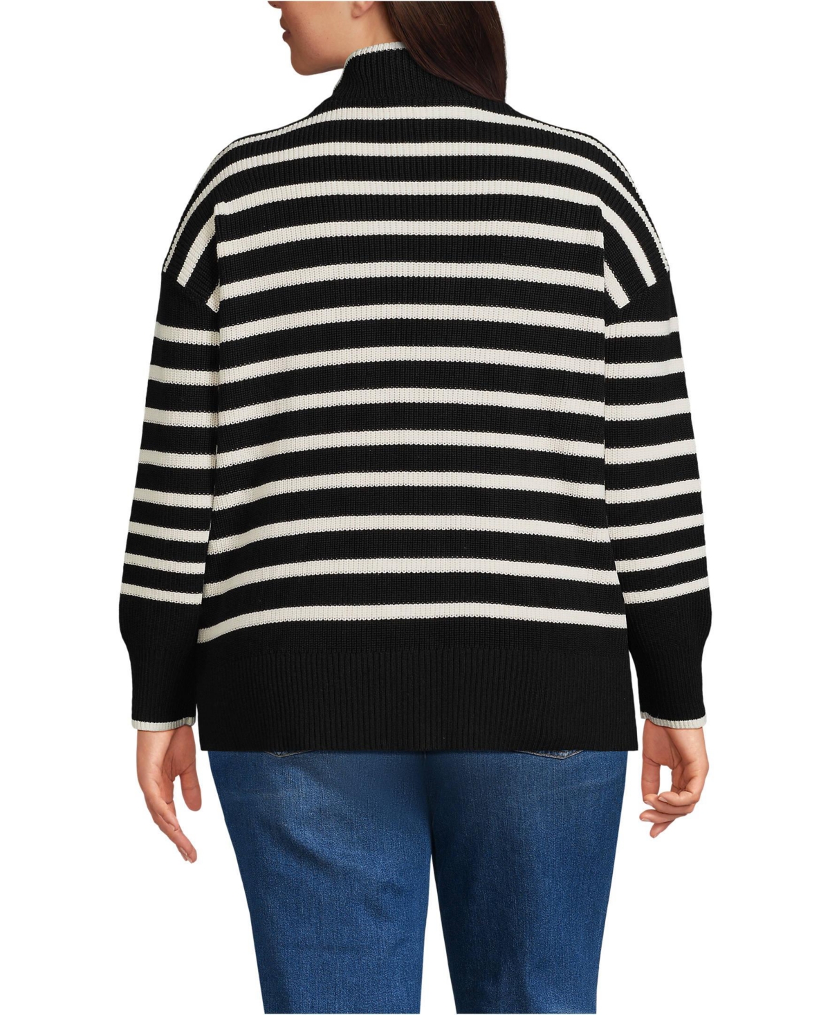 Lands' End Plus Size Drifter Cotton Quarter Zip Pullover Sweater -fresh ivory stripe