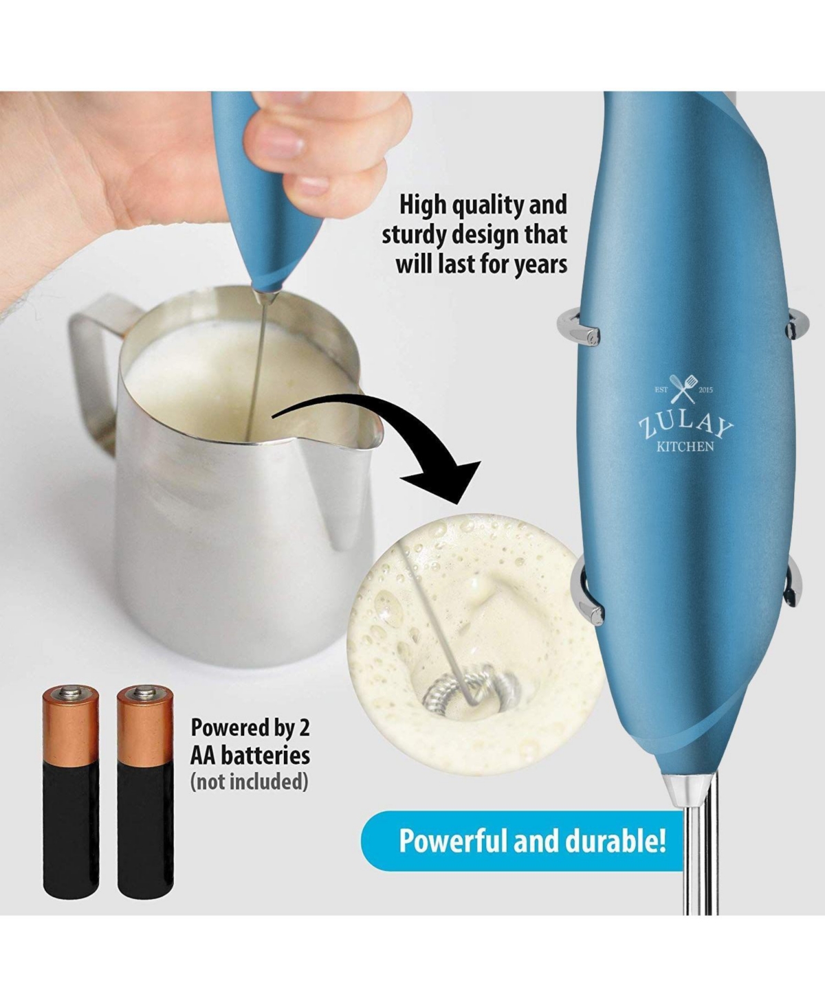 Zulay Kitchen Easy Use Frother Handheld Foam Maker - One Touch Milk Frother