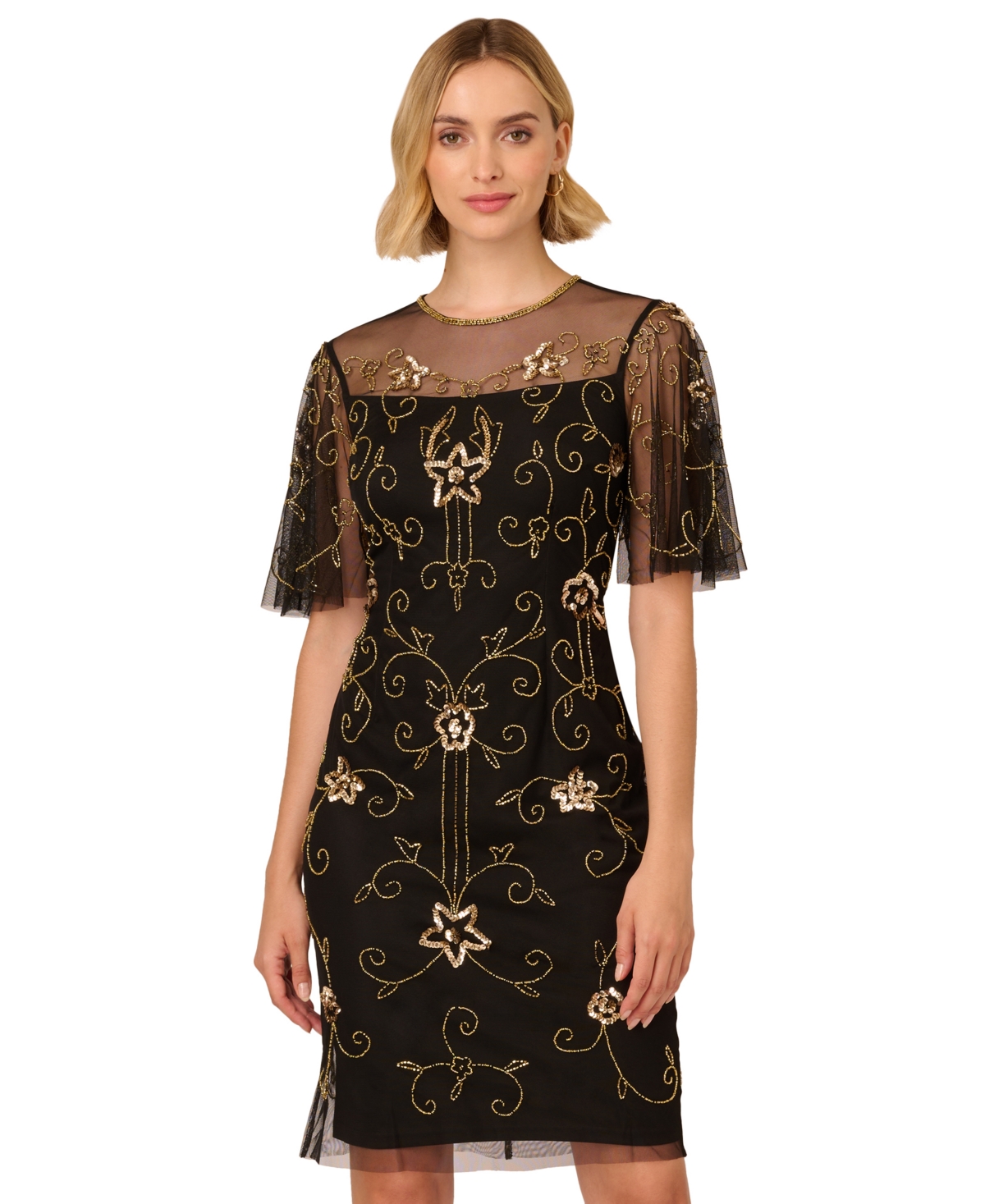Adrianna Papell Women's Beaded Illusion-Neck Dress -Gold
