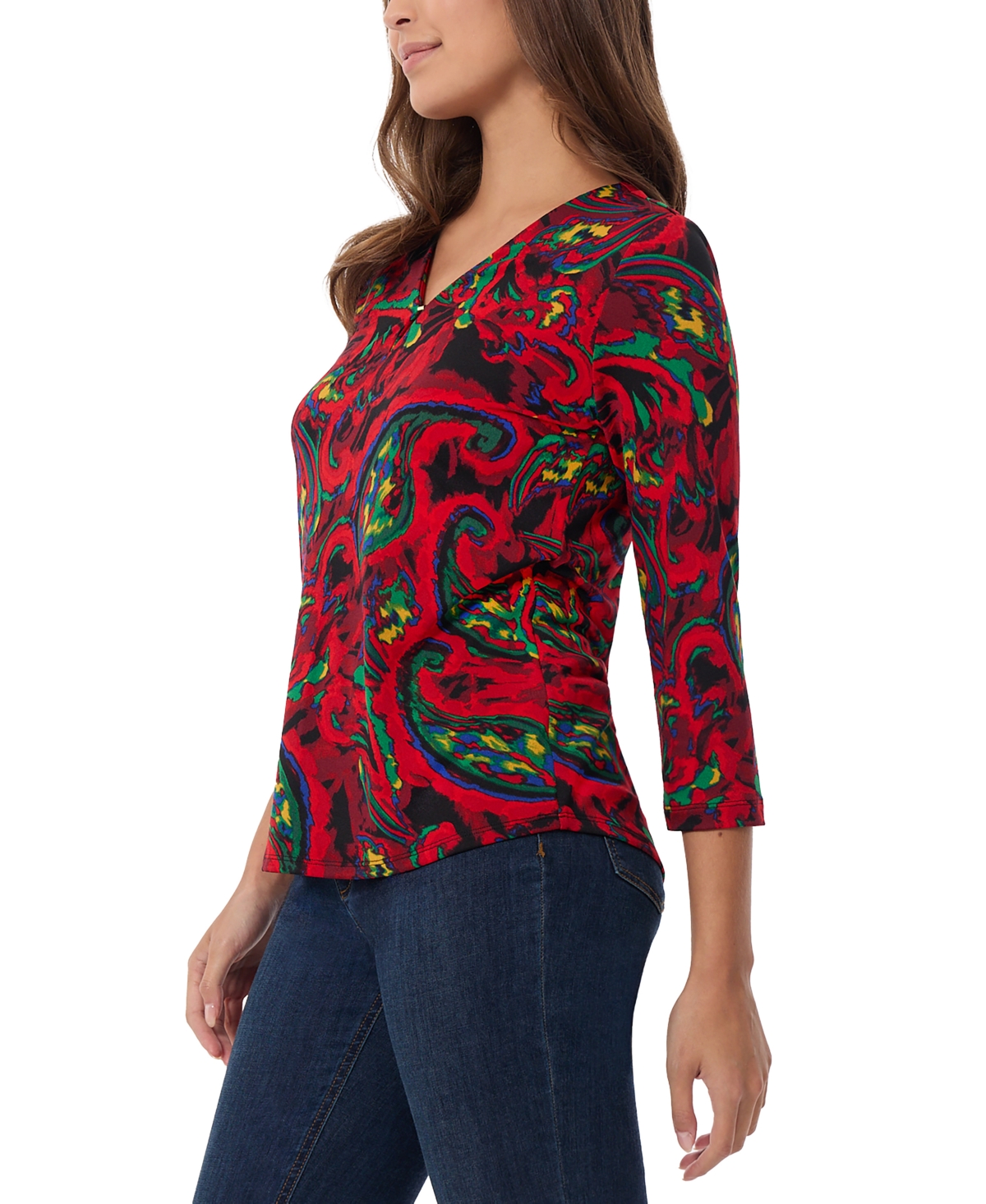 Jones New York Petite Printed Keyhole 3/4-Sleeve Top