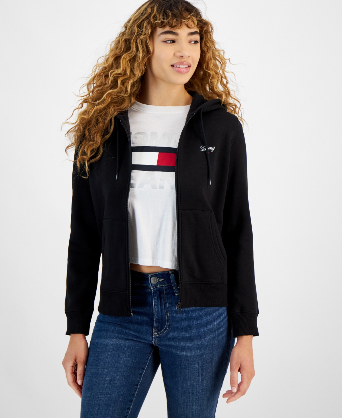 Tommy Jeans Women s Script Logo Zip front Hoodie In Black ModeSens