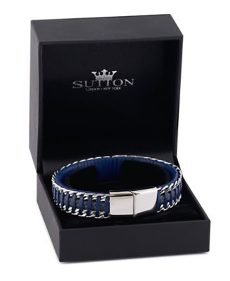 Blue Grey Leather with Chain Stainless Steel Bracelet