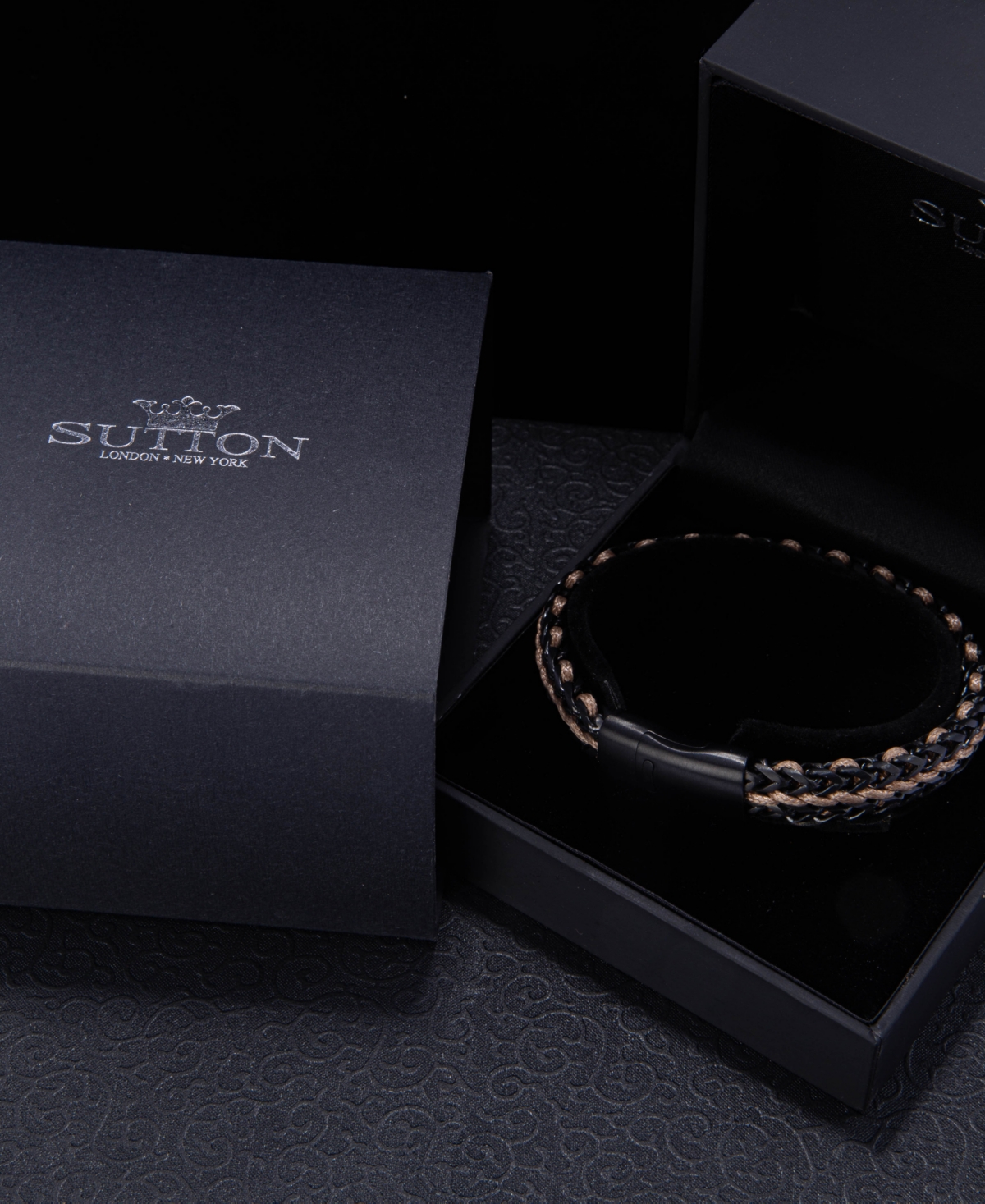 Rhona Sutton Gunmetal Brown Cord with Chain Stainless Steel Bracelet