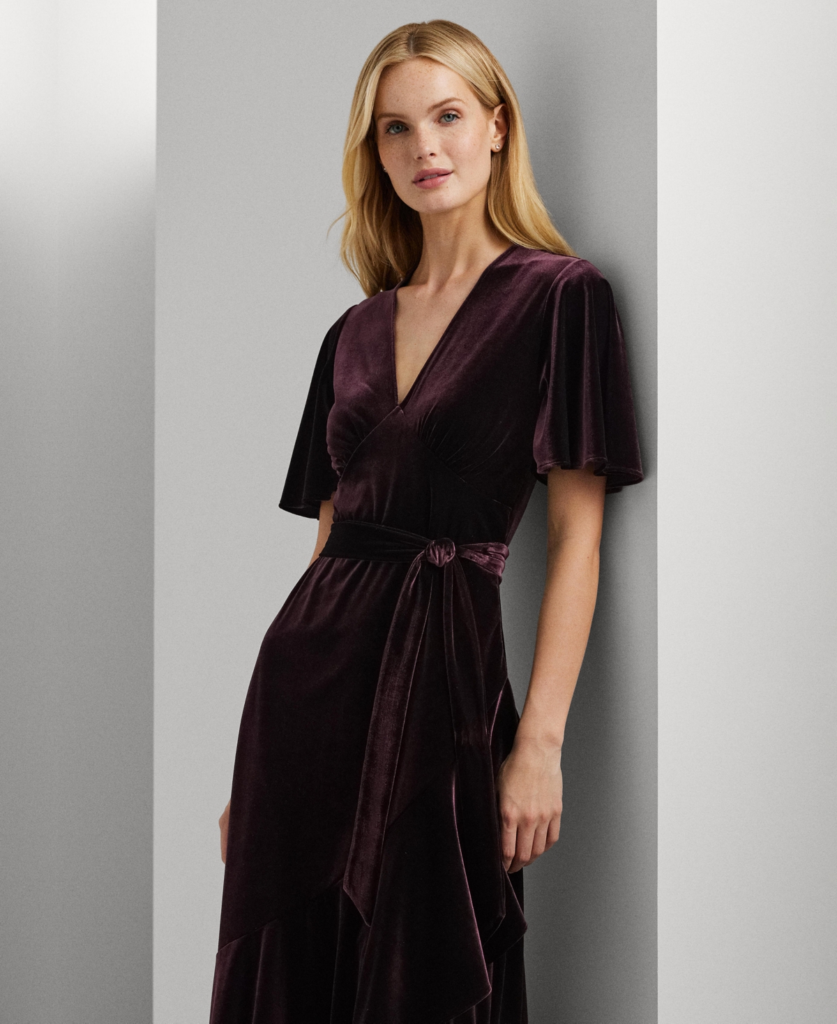 Lauren Ralph Lauren Women's Belted Velvet Flutter-Sleeve Dress