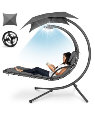 Hanging LED-Lit Curved Chaise Lounge Chair for Backyard, Patio w/ Pillow, Canopy, Stand