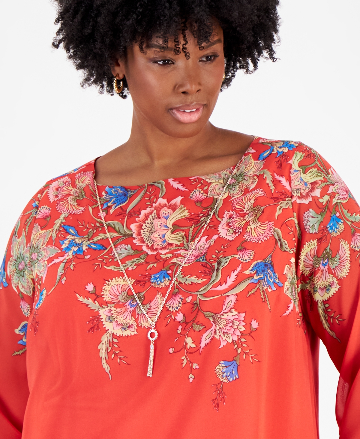 JM COLLECTION PLUS SIZE TASSEL-NECKLACE FLORAL-PRINT TOP, CREATED FOR MACY'S 