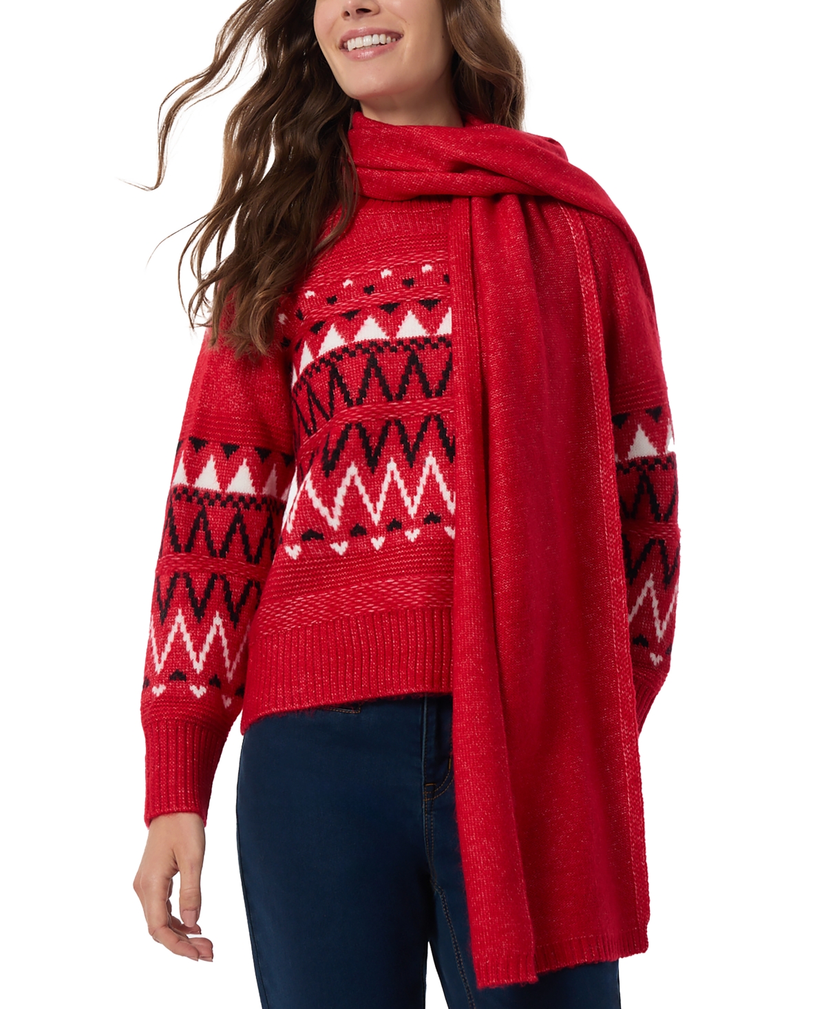 Shop Jones New York Women's Fair Isle Crewneck Sweater & Scarf In Deep Rouge