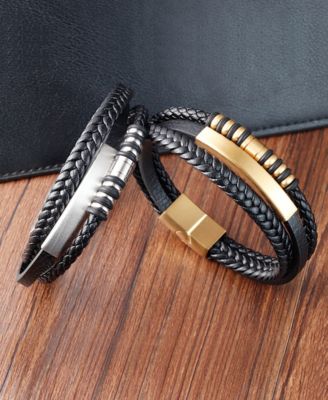 Multi Leather Black Gold Identification Stainless Steel Bracelet