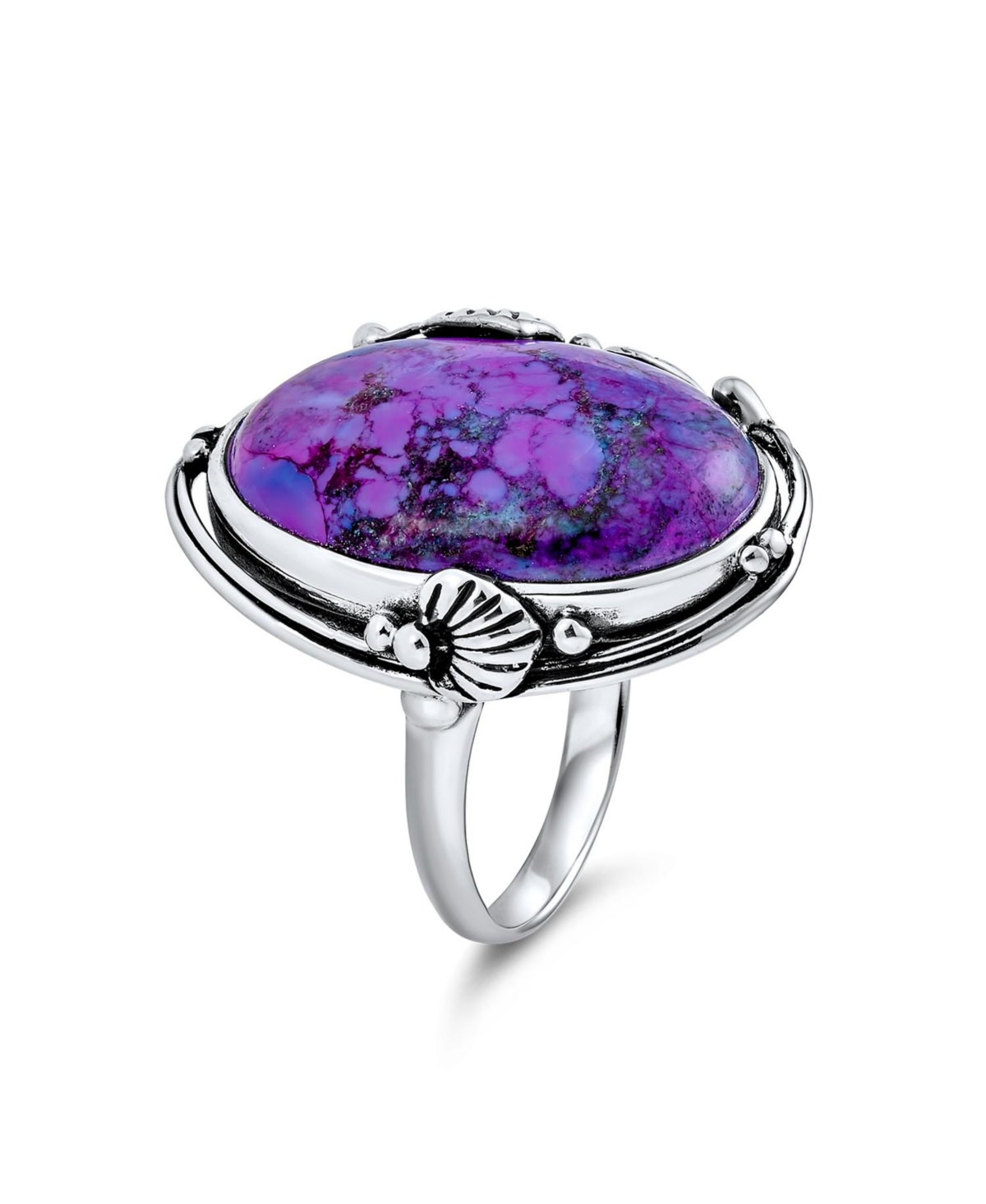 Bling Jewelry Large Dome Oval Cabochon Bezel Leaf Set BlueNatural Turquoise Western Statement Ring For Women Oxidized .925 Sterling Silver - P