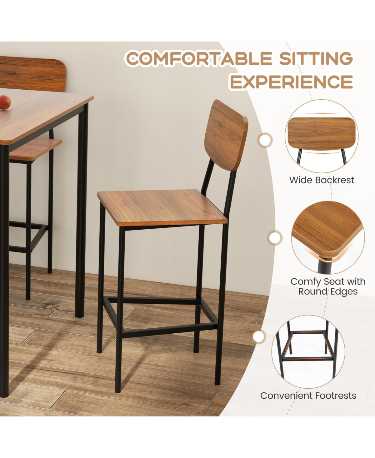 Sugift 5 Pieces Industrial Dining Table Set with Counter Height Table and 4 Bar Stools-Dark Brown